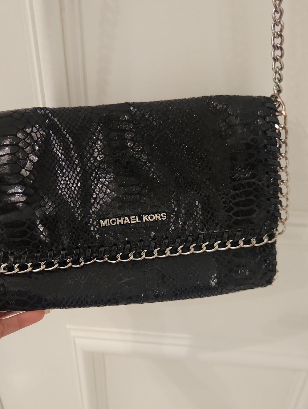 Michael Kors Black Snake-Embossed Crossbody with Silver Chain